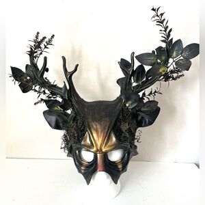 Hand Crafted Forest Deer Antler Halloween Mask Black Gold Hand Painted Moss Fern